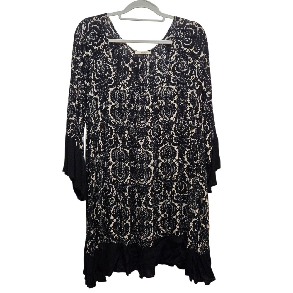 Easel Women Black Cream Damask Print Bell Sleeve Ruffle Dress Medium